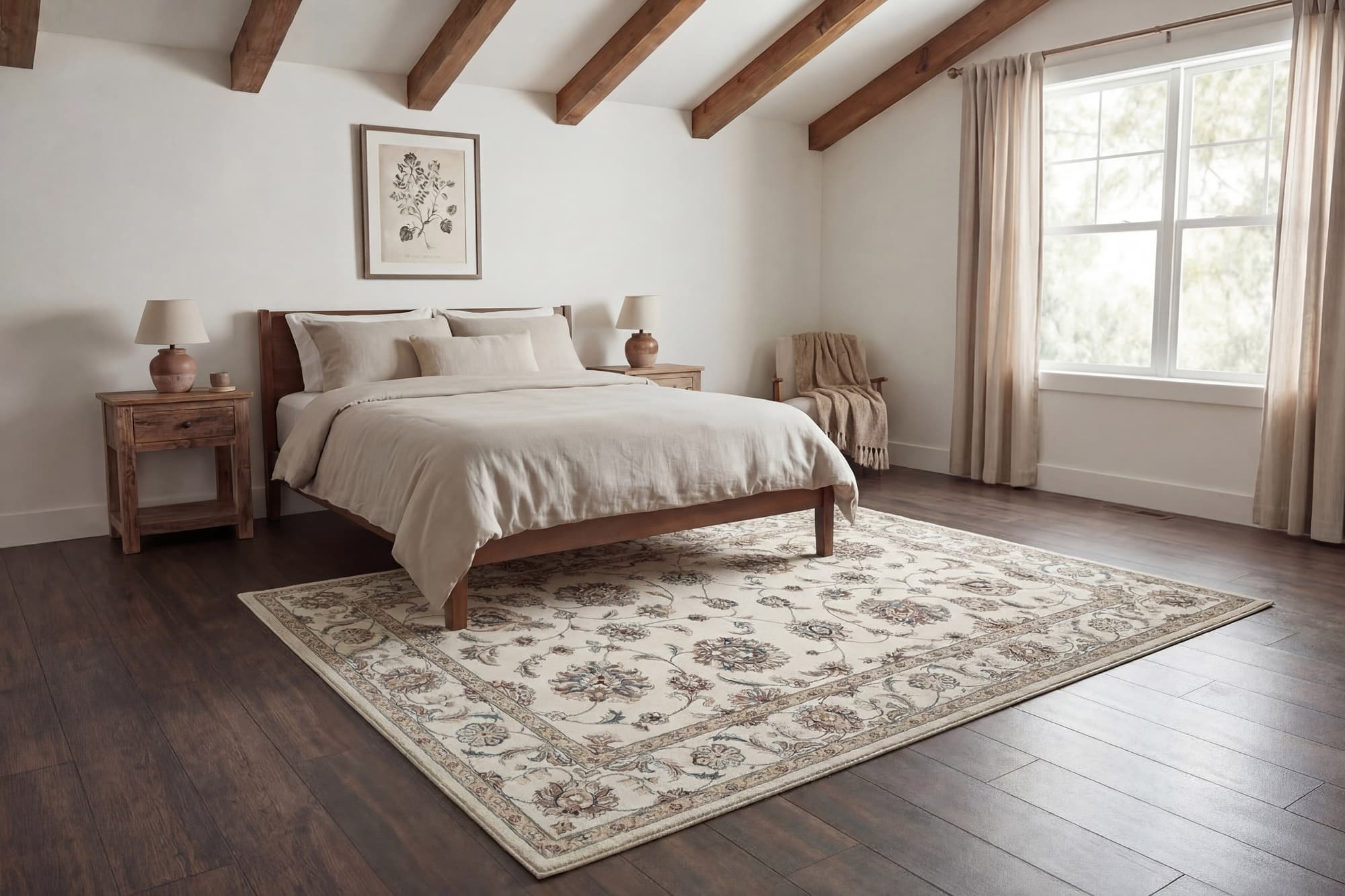 Dahlia, an Ancient Garden heatset polypropylene rug in ivory, styled in a room