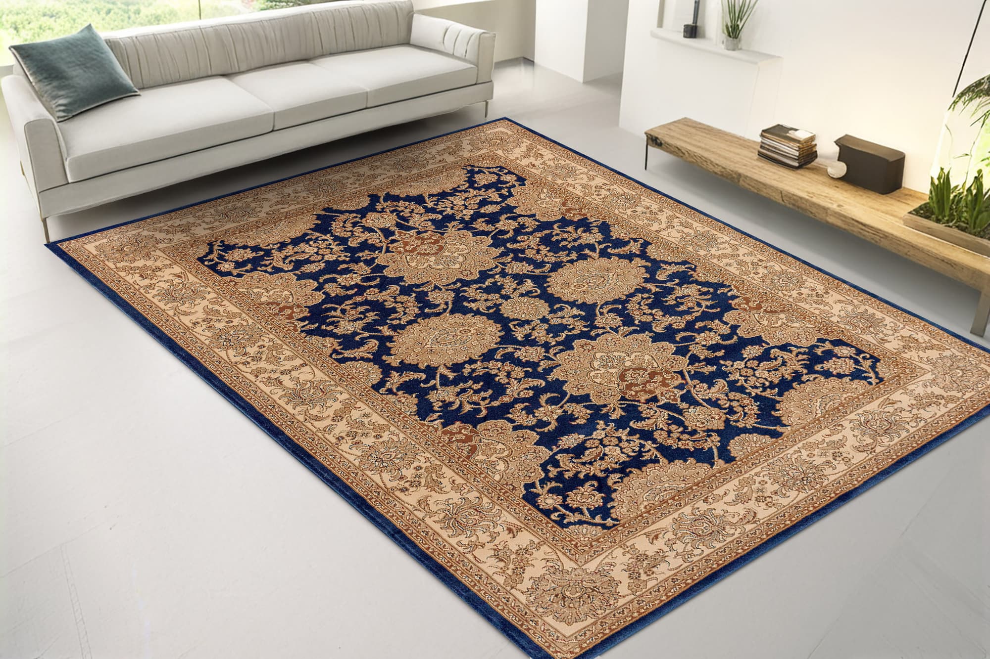 Acacia, a Legacy polypropylene rug in navy, styled in a room