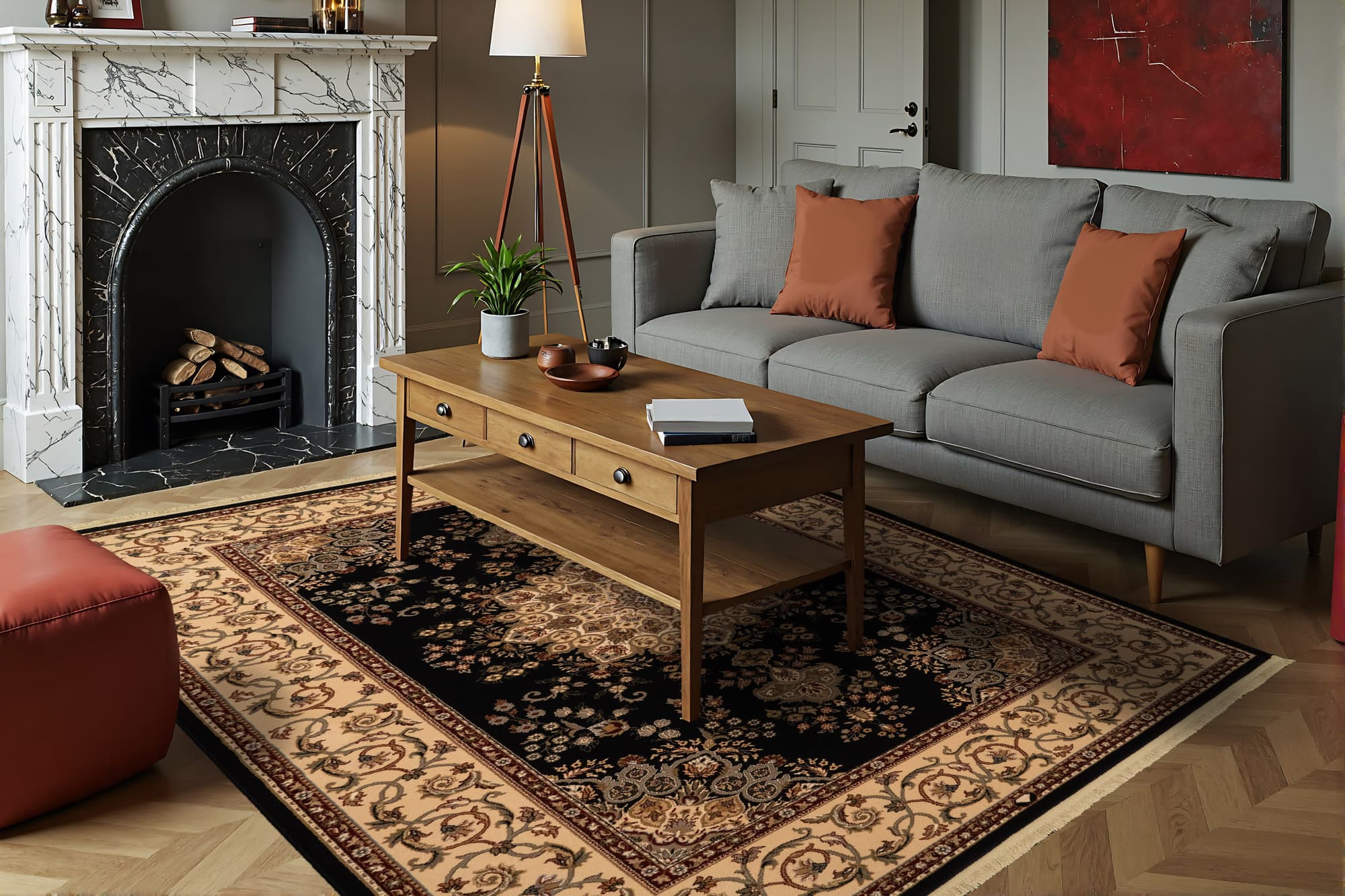 Hyacinth, a Brilliant new zealand wool rug in black, styled in a room