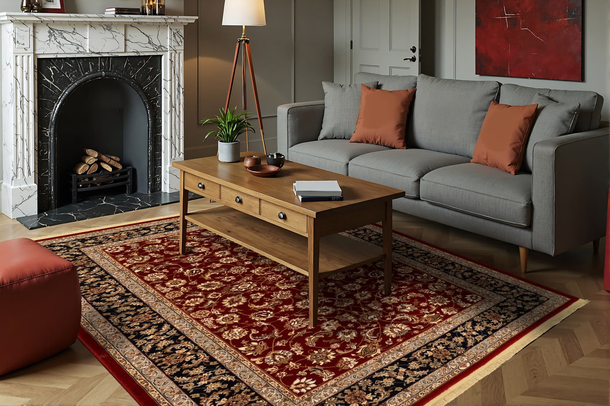 Petunia, a Brilliant new zealand wool rug in red, styled in a room